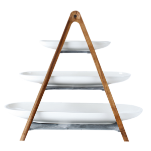 3-stufiges Serviergestell aus Porzellan mit Holz- und Schieferdetails