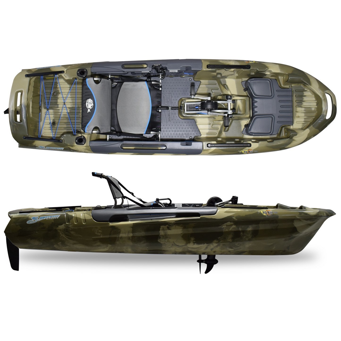 3 Waters Big Fish 108′ Length Urban Camo Pro Fish Pedal Drive Cathedral Hull - Image 5