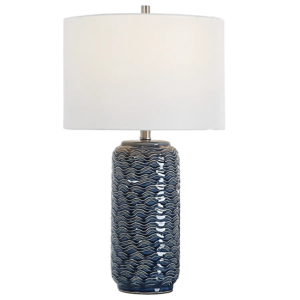 Tischlampe in Vasenform mit Keramiksockel und Stoffschirm