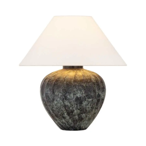 Tischlampe aus Keramik mit strukturiertem Sockel und Leinenschirm