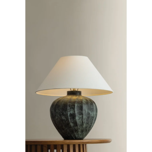 Tischlampe aus Keramik mit strukturiertem Sockel und Leinenschirm
