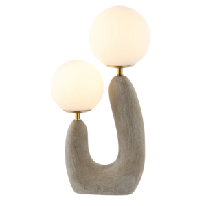 LED-Tischlampe mit Milchglas-Kugelschirmen und zwei Lichtquellen