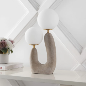LED-Tischlampe mit Milchglas-Kugelschirmen und zwei Lichtquellen